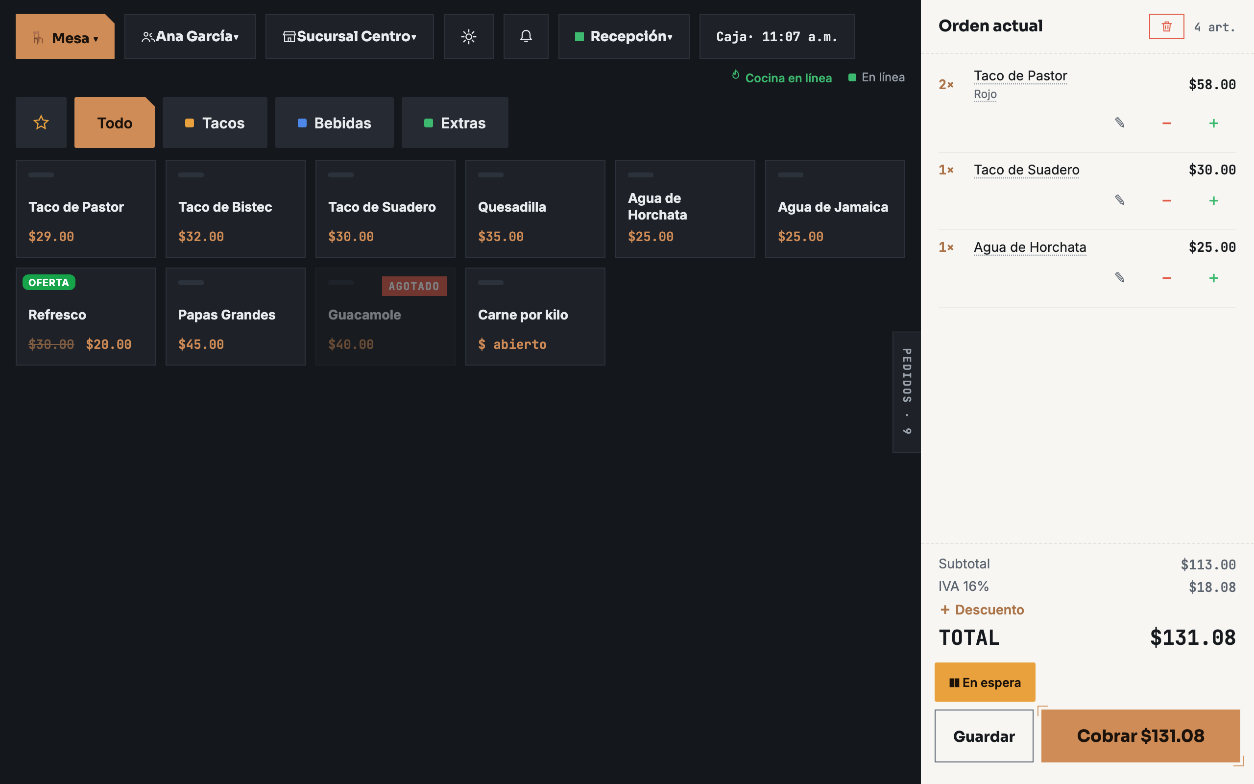 El POS de Cobro con un ticket en curso: productos, extras y total con IVA